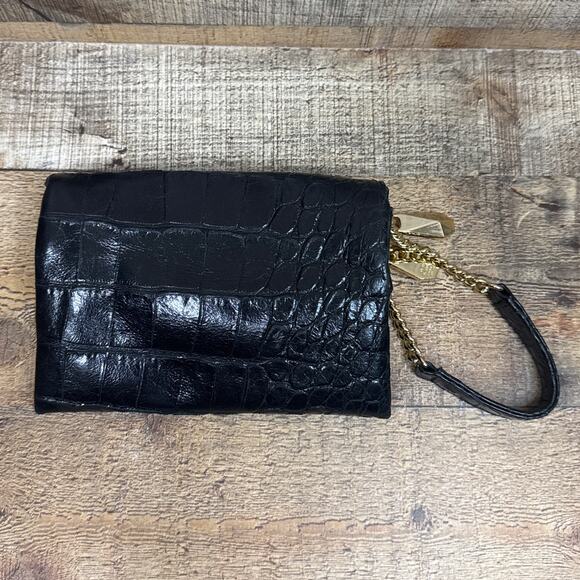 Henri Bendel Debutante Clutch Wristlet Black Crocodile Gold Chain Purple Lining